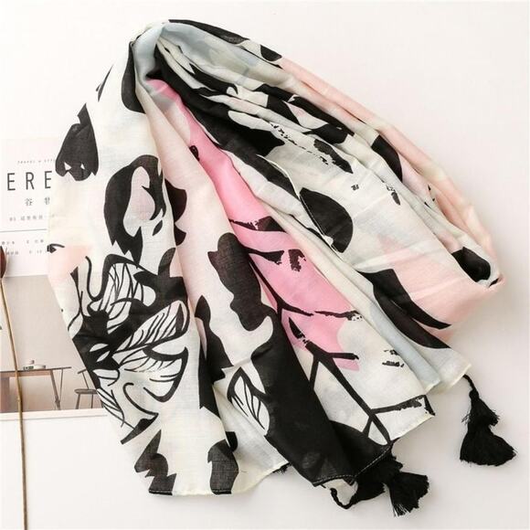NEW Boho Floral Tasseled Rectangle Soft Chic Scarf Large Pink White Black - Picture 15 of 15